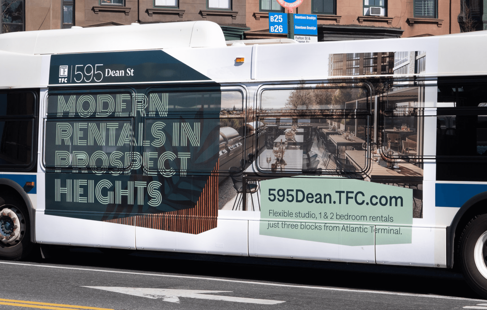 595 Dean St bus wrap ad on a Brooklyn bus.